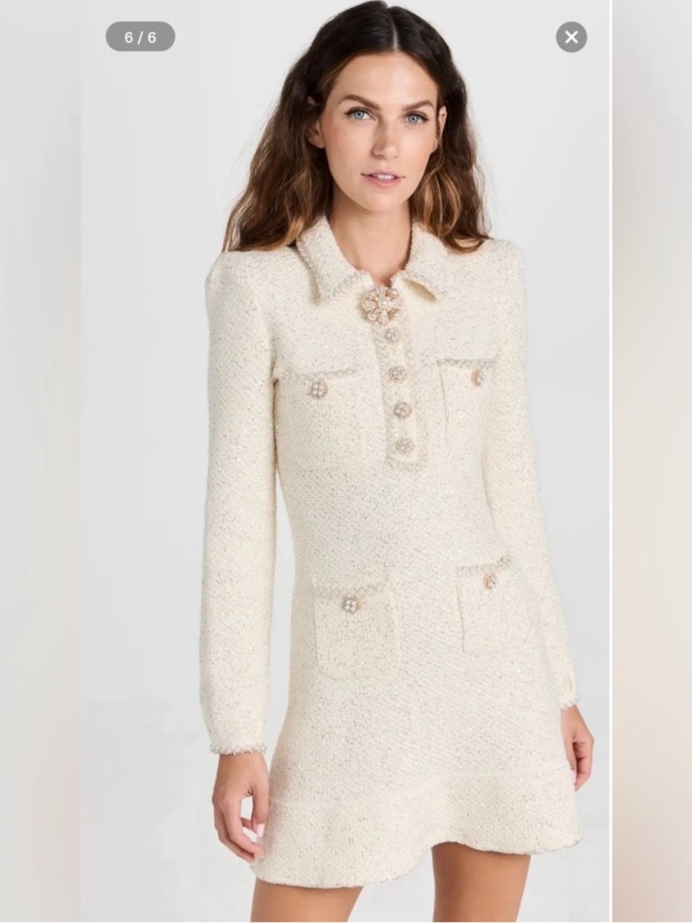 Self-Portrait Cream Embellished Sequin Bouclé-Knit Mini Dress